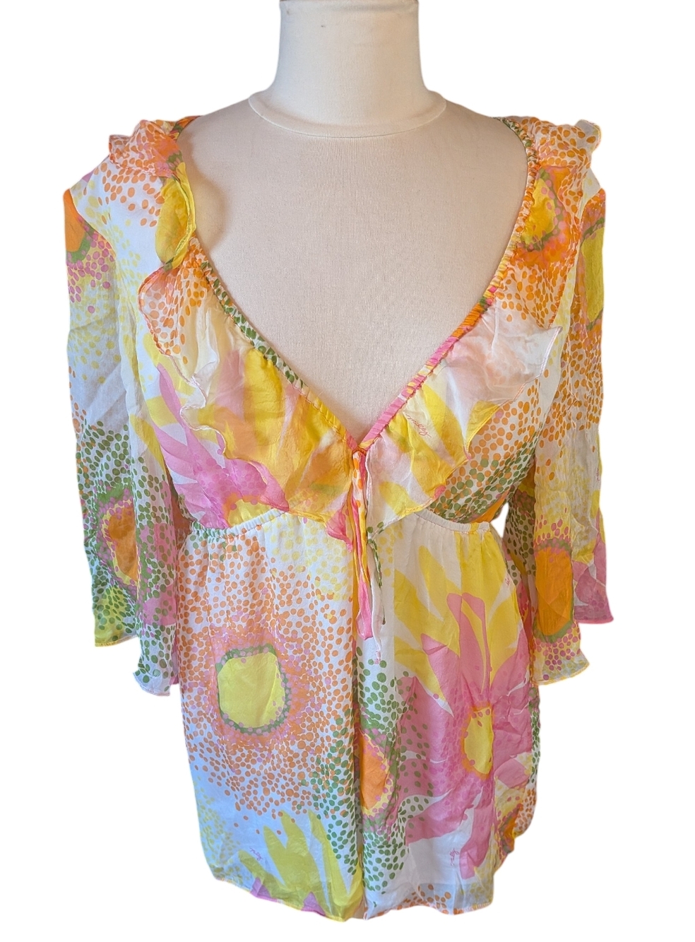 Milly Beautiful Romantic Silk Floral Bell Sleeve Blouse , Super Soft, Perfect